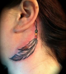 Feather tattoo on neck by Jessica Brennan