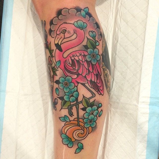 Flamingo and blue flowers tattoo by Clare Hampshire