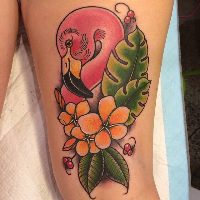 Flamingo and flowers tattoo by Clare Hampshire