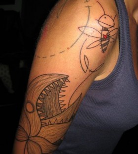Flower shark and bee tattoo by Yann Black