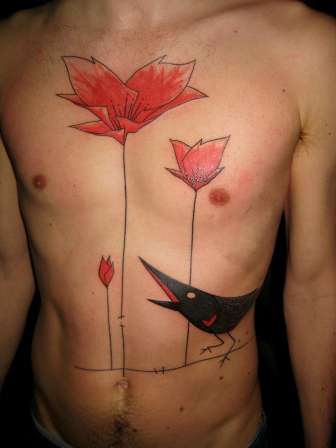 Flowers and bird tattoo by Yann Black