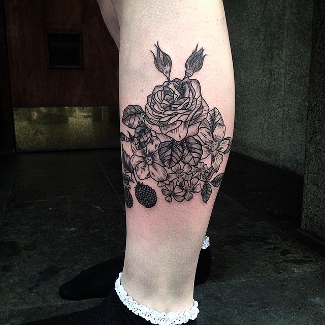 Flowers tattoo on leg by Rebecca Vincent