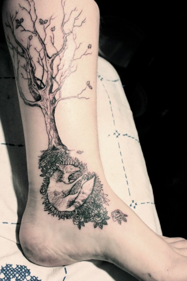 Fox under oak tattoo