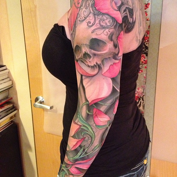 Full arm skull and flowers tattoo