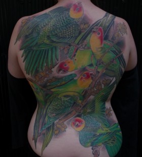 Full back parrot tattoo