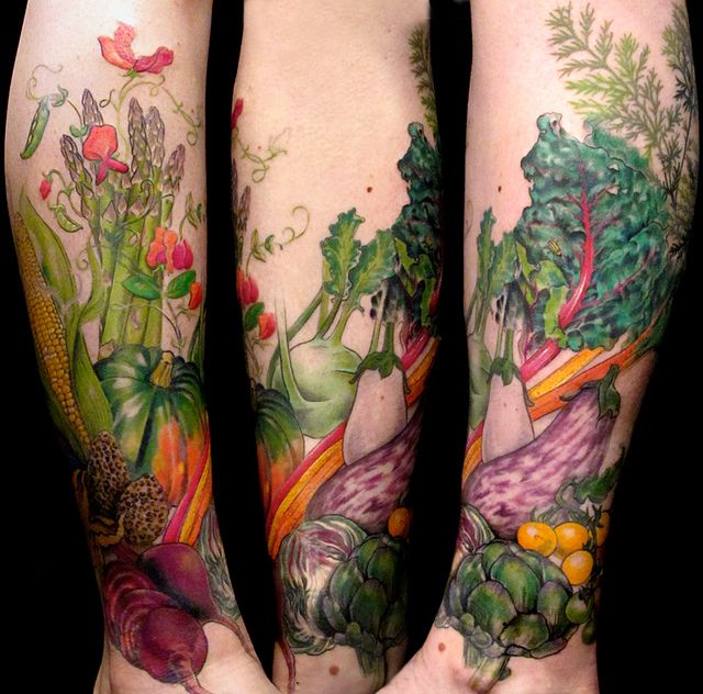 Full leg’s vegetable’s food tattoo