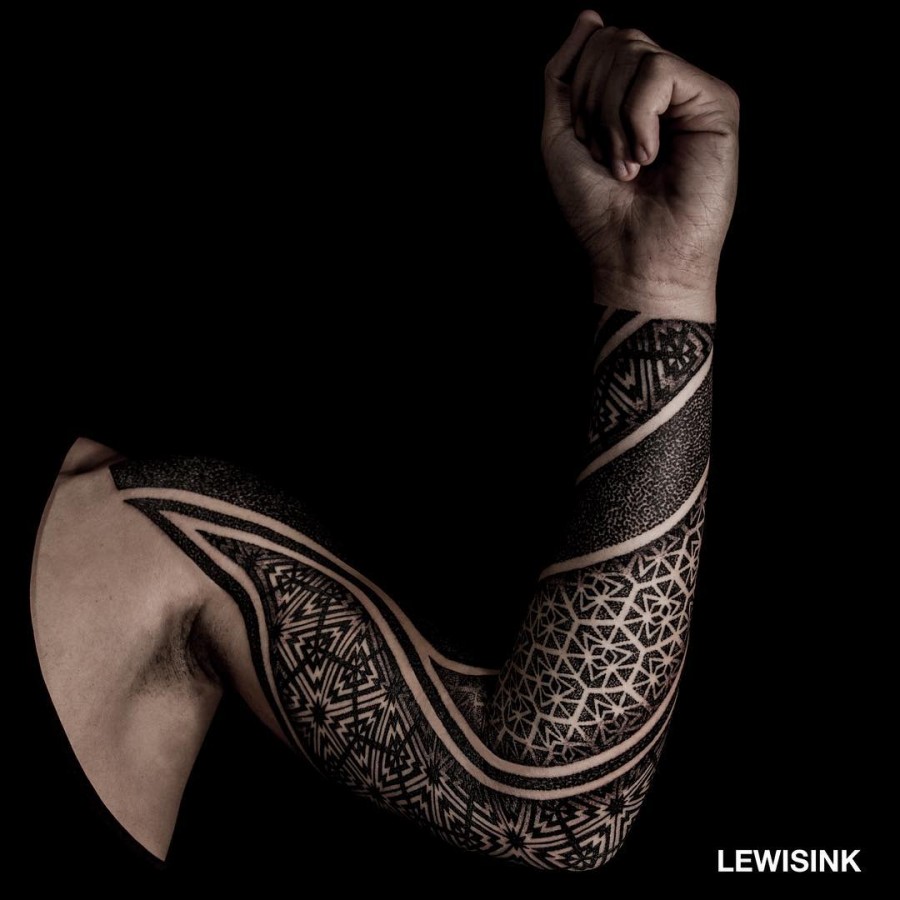 full sleeve geometric tattoo by lewisink