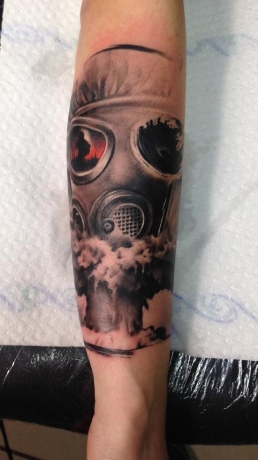 Gas mask tattoo by Razvan Popescu
