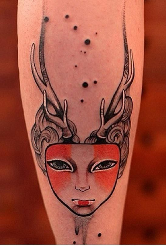 Geisha mask tattoo by Chen Jie