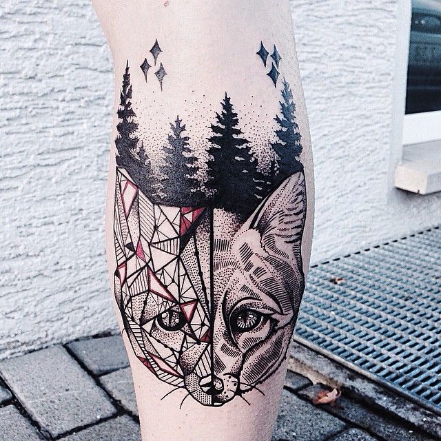 Geometrical fox and forest tattoo