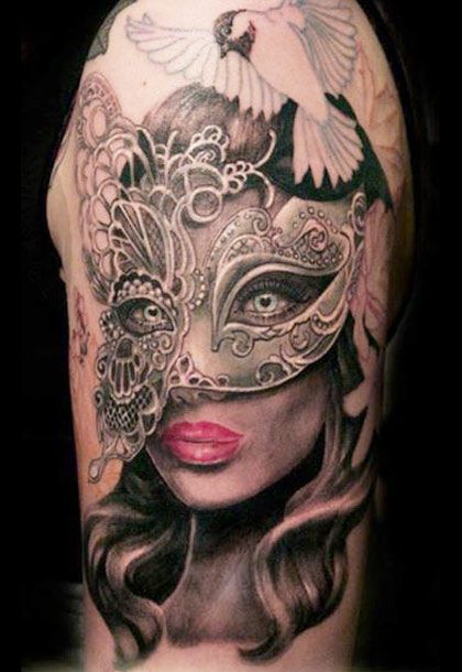 Girl with mask tattoo by Ellen Westholm