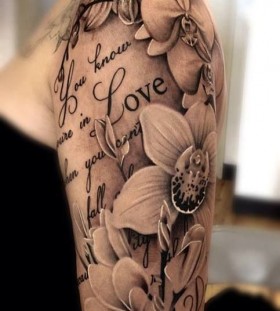 Gorgeous love and flowers shoulder tattoo
