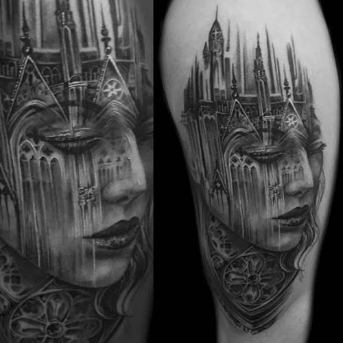 Gothic style girl’s architecture tattoo