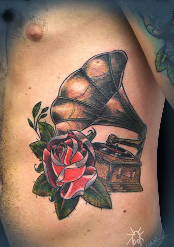 Gramophone and rose tattoo