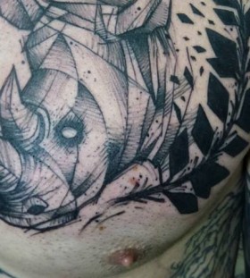 Great rhino chest tattoo by Tyago Compiani