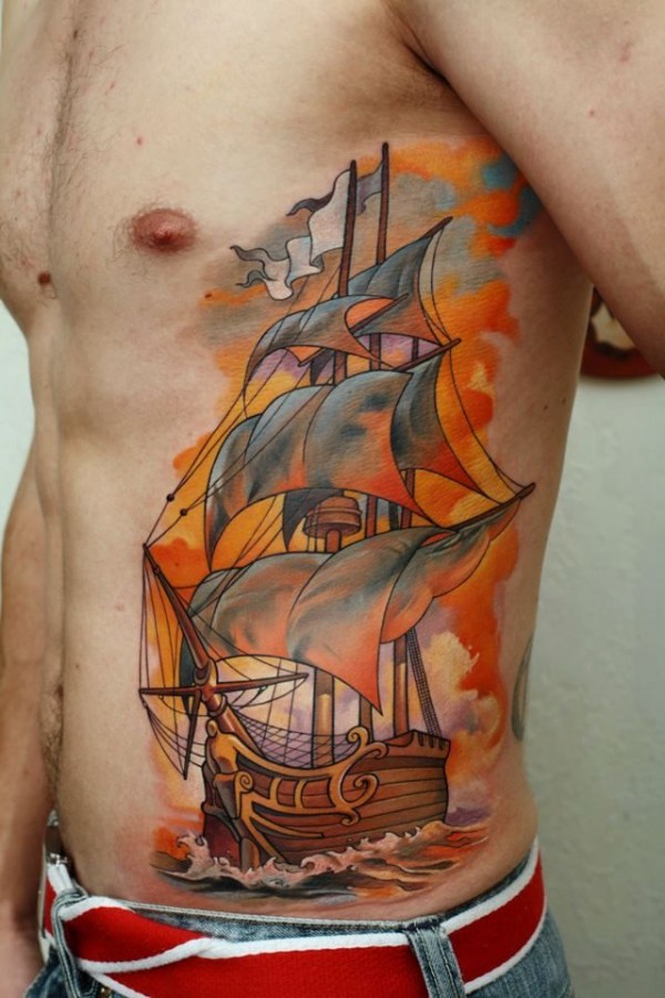 Great ship tattoo by Dmitriy Samohin