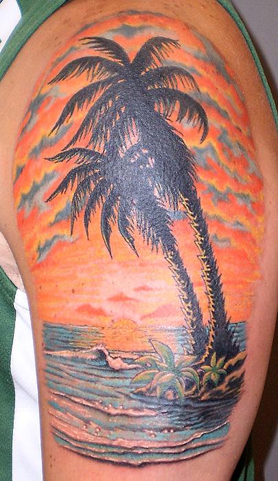 Great sunset and palm tree tattoo