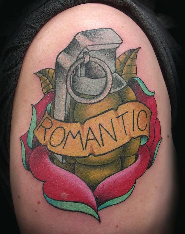 Grenade and rose tattoo