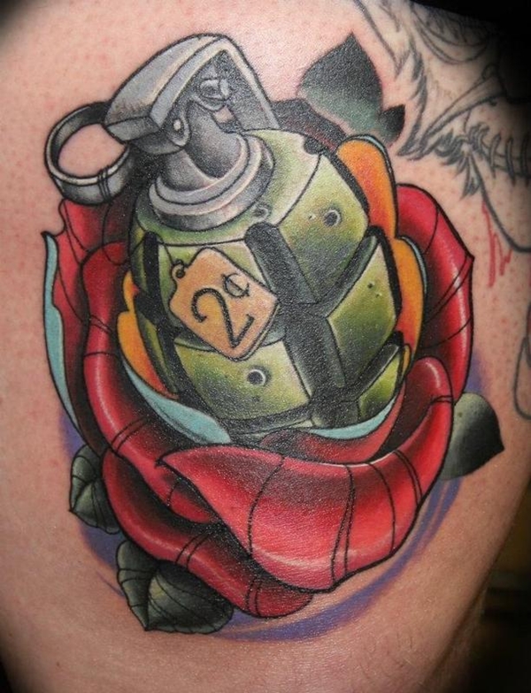 Grenade inside rose tattoo