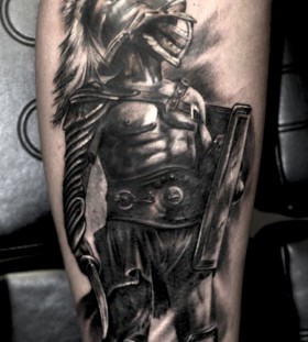 Grey ink gladiator tattoo