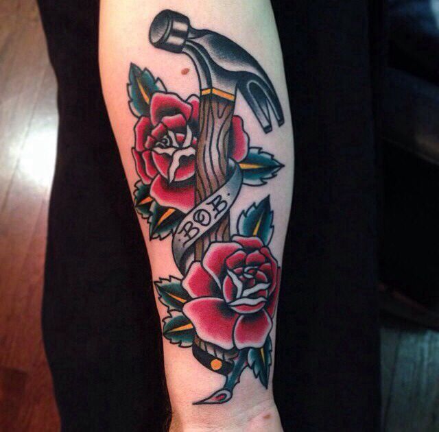 Hammer and roses tattoo by Nick Oaks