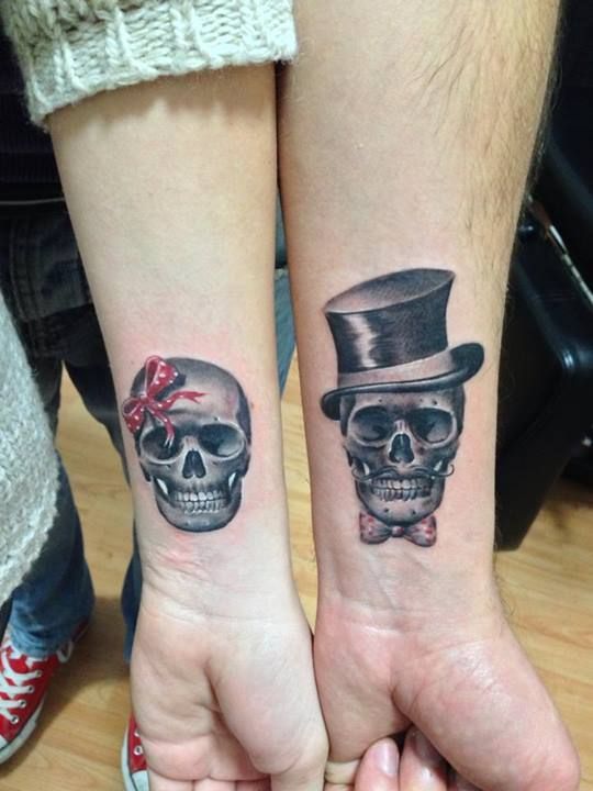 His and Hers skull couple tattoos