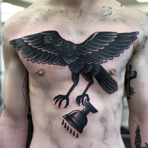 Huge crow chest tattoo by Philip Yarnell