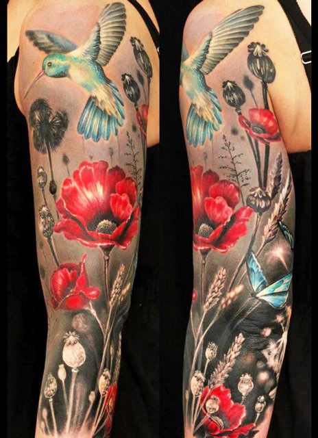 Hummingbird and flowers tattoo by Ellen Westholm