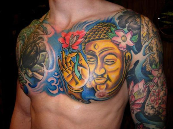 Incredible buddha chest and arm tattoo