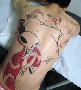 Incredible skeleton back tattoo by Yann Black