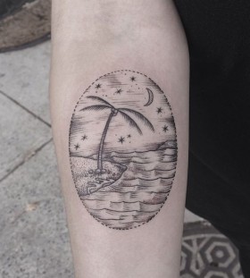 Island and sea tattoo by Rachel Hauer