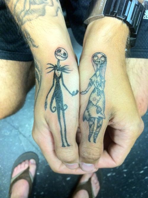 Jack skellington and sally thumb tattoos
