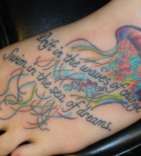 Jellyfish and quote foot tattoo