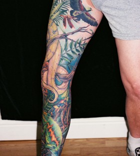 Jungle theme full leg tattoo
