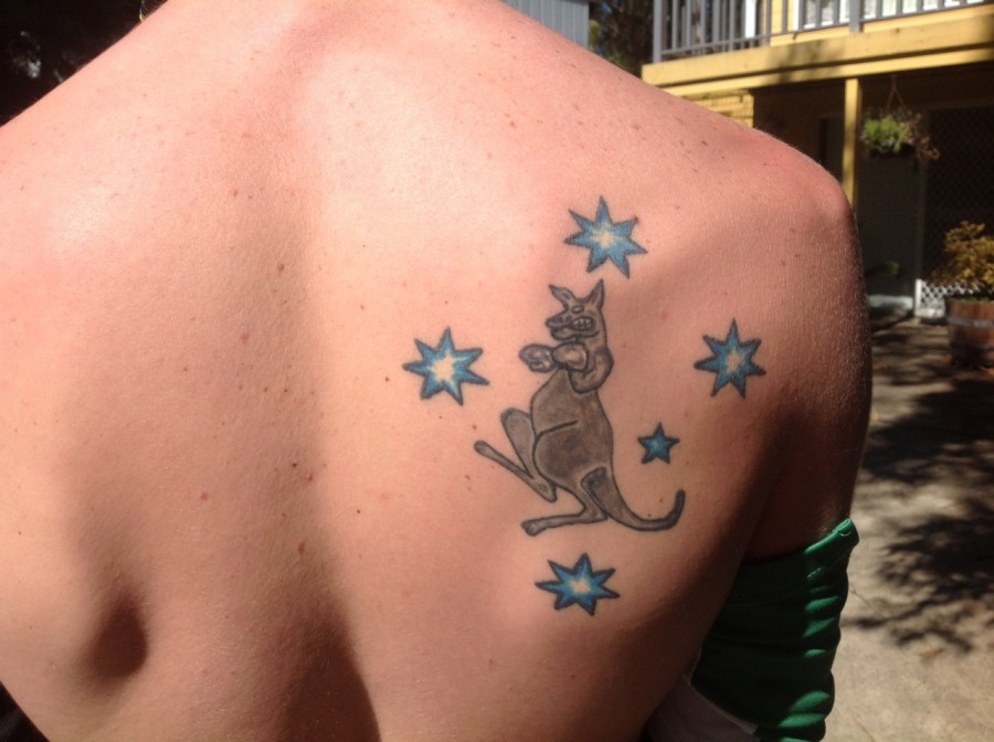 Kangaroo and stars back tattoo
