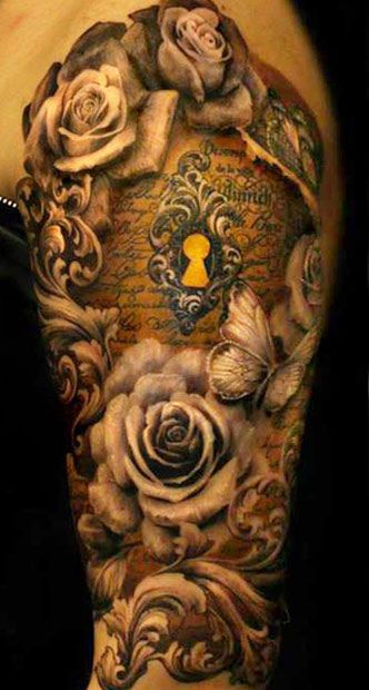 Keyhole and flowers tattoo by Ellen Westholm
