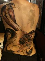 King cobra and skull back tattoo