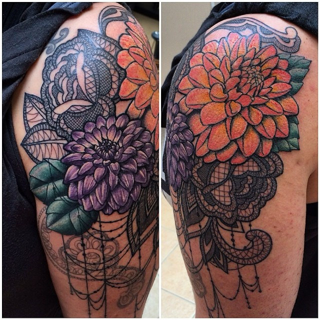 Lace and dahlias arm tattoo