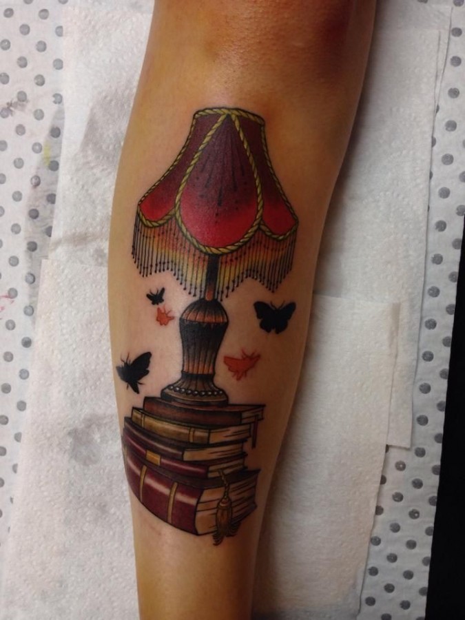 Lamp and butterflies tattoo by Drew Shallis