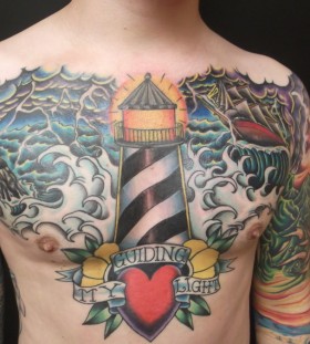 Large lighthouse chest tattoo