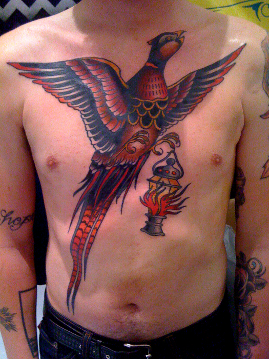 Large pheasant chest tattoo