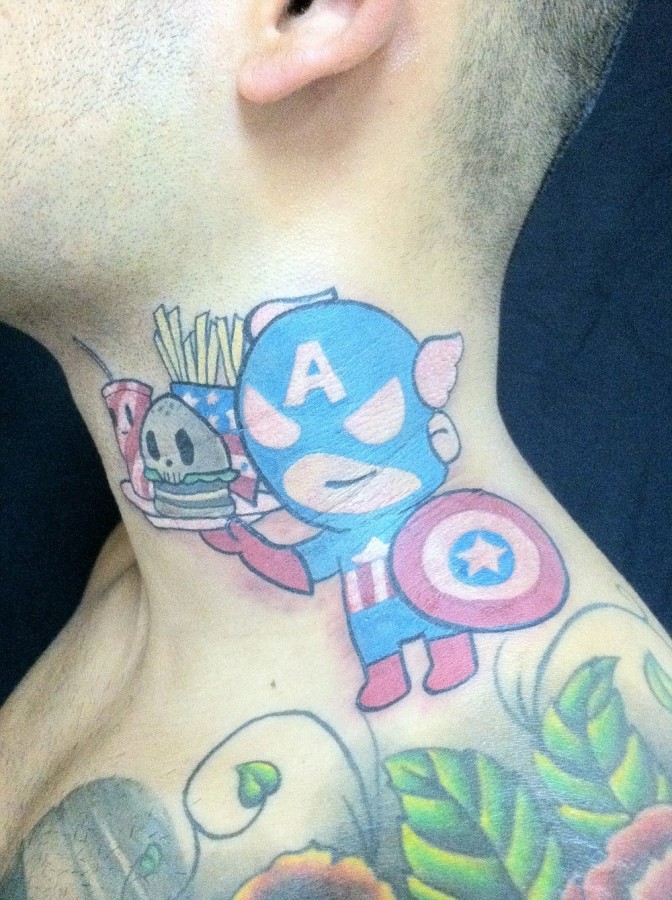 Little captain america neck tattoo