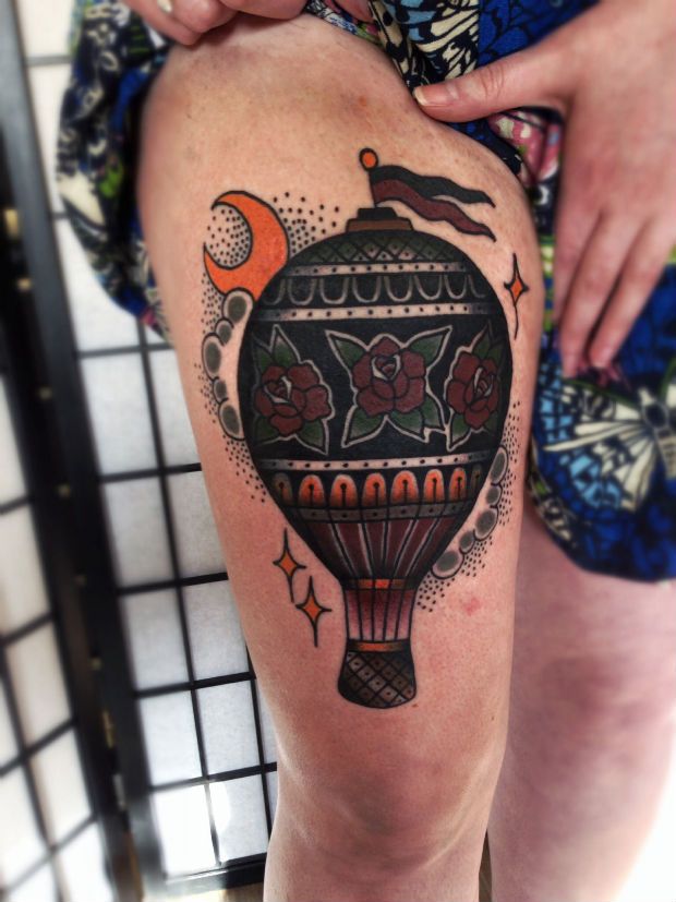 Lovely air balloon tattoo by Matt Cooley