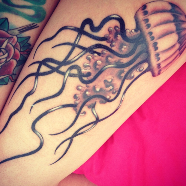 Majestic jellyfish leg tattoo