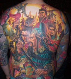 Many samurai warriors back tattoo