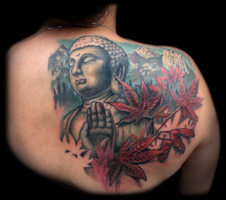 Maple leaves and buddha back tattoo