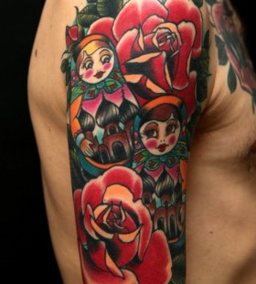 Matryoshkas and red roses tattoo