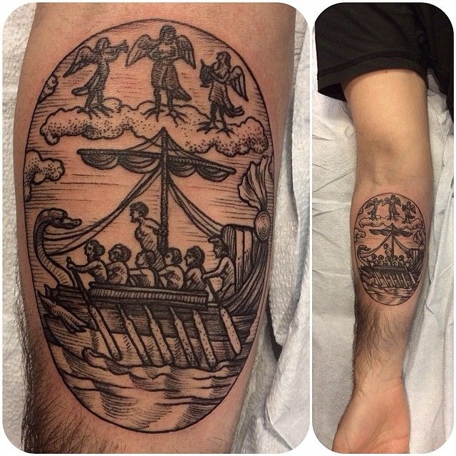 Men in a boat tattoo by Rachel Hauer
