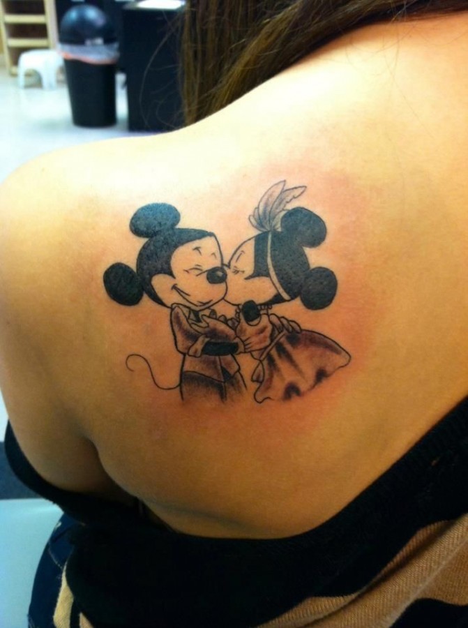Minnie and Mickey back tattoo