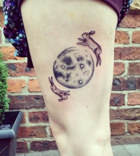 Moon and rabbits tattoo by Rebecca Vincent